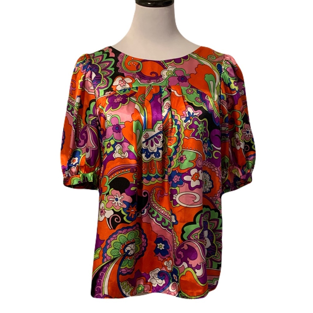 Karlie Red Floral Puff Sleeve Satin Top Size M